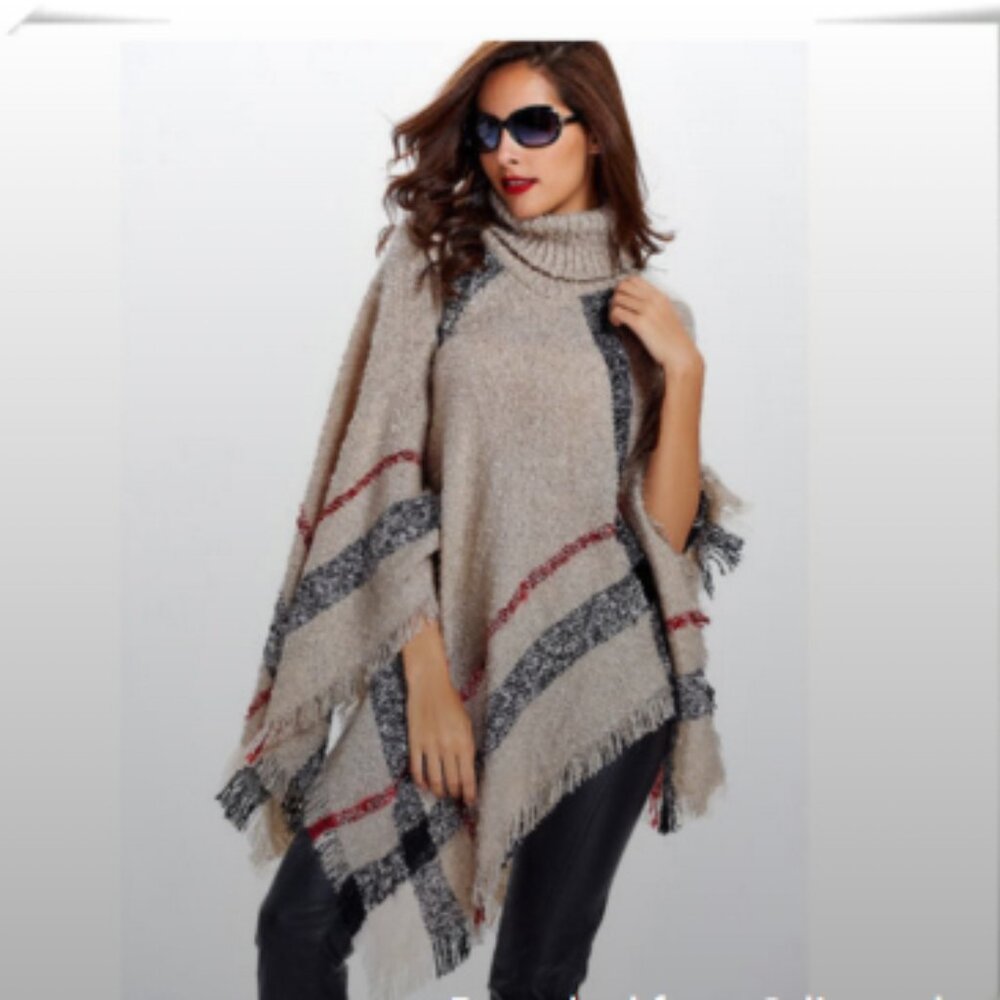 Plaid poncho with turtle neck ONE SIZE